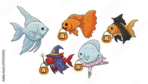 Spooky Aquatic Gathering: Playful illustrations present a whimsical scene of Halloween-themed fish, each donning unique costumes and carrying miniature treat buckets, exuding a fun and festive charm.