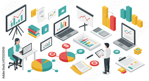 Isometric office analytics illustration with laptop and charts