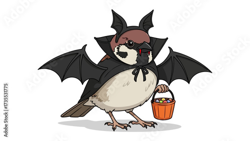 Spooky Sparrow: A charming sparrow is ready for halloween dressed as a bat, trick-or-treating and holding a pumpkin basket.