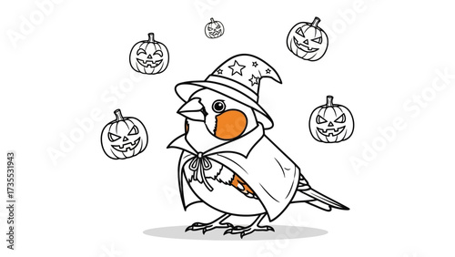 Halloween Wizard Finch: A whimsical illustration features a charming finch, donning a wizard's hat and cape amidst carved pumpkins, creating a magical and festive Halloween scene.