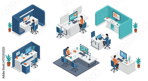 Isometric office workspace designs featuring modern desks and office furniture arrangements