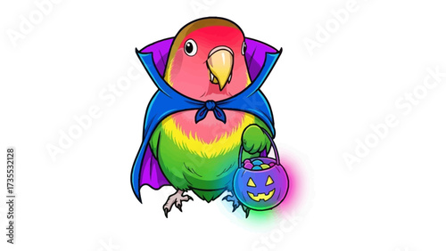 Halloween parrot: A cute and charming parrot, donning a whimsical costume, clutches a glowing jack-o'-lantern, ready for trick-or-treating on a vibrant autumn night.