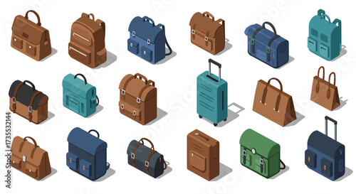 Isometric collection of various bags and luggage in modern style