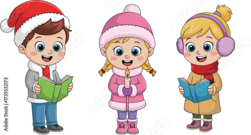 Cartoon kids singing Christmas carols, cute children holding books and candle, happy winter holiday illustration, festive season vector art