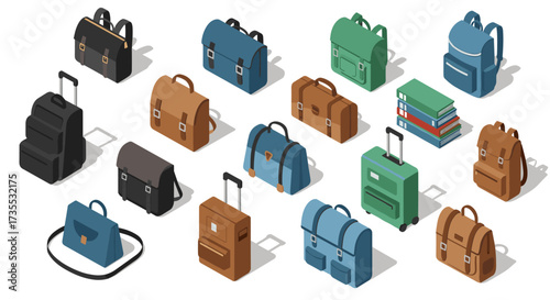 Isometric travel and office bags with luggage and books in various colors