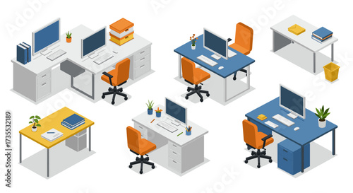 Modern office workspace with isometric desks and chairs in various arrangements