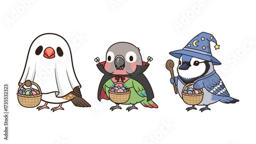 Halloween Birds Illustration: Whimsical avian characters in playful Halloween costumes gather, embodying the festive spirit of trick-or-treating.