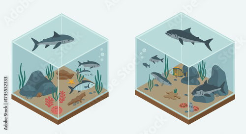 Isometric aquarium with sharks and marine life in glass tanks