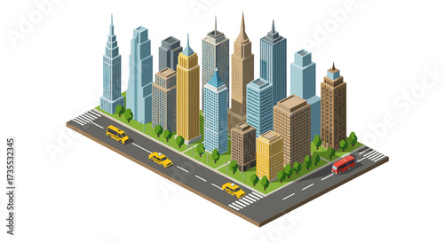 Isometric urban cityscape with skyscrapers and vehicles on a clear day
