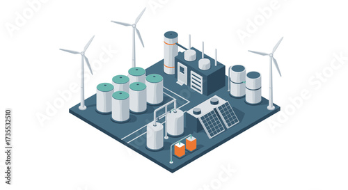 Isometric renewable energy facility with wind turbines and solar panels