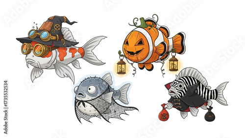 Halloween Fish Fantasy: A whimsical scene of unique and intricately designed Halloween-themed fish characters. Each fish dons its own costume, exuding playful mystery and charm.