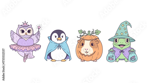 Whimsical Critters: A collection of cute and imaginative cartoon creatures, each dressed in unique and playful outfits, bringing a touch of fantasy and fun.