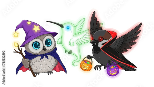 Magical Halloween Trio: Charming owl wizard, mystical hummingbird, and eerie raven vampire – conjuring a delightful Halloween mood!