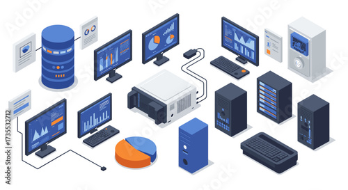Isometric data center technology setup with servers and interactive graphs