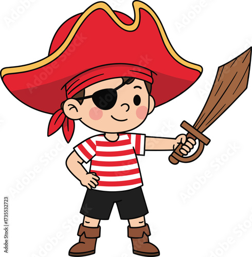 Cartoon pirate boy with red hat, striped shirt, wooden sword, eyepatch, cute child character illustration, happy kid costume, adventure theme design