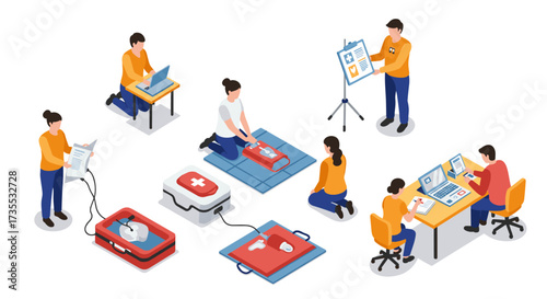 First aid training isometric scene with cpr practice and medical equipment