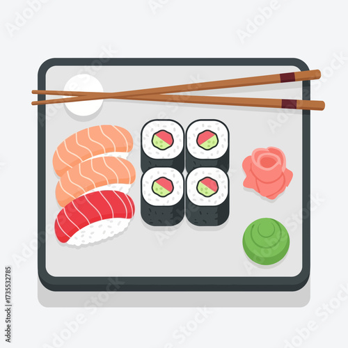 Sushi platter with chopsticks on a white plate.