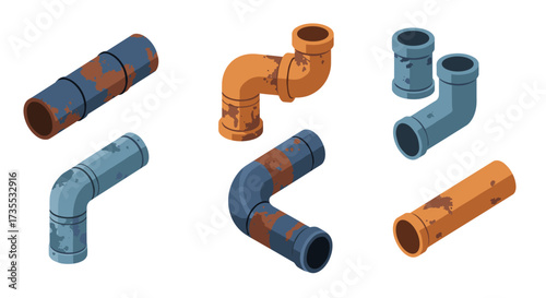 Rusty metal pipes collection in isometric style on white background
