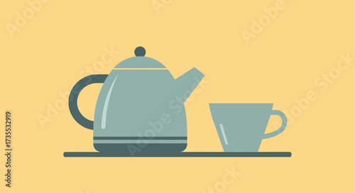 Kettle and cup on a shelf against a yellow background.