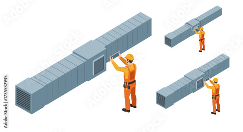 Isometric hvac technician working on duct system in orange safety gear