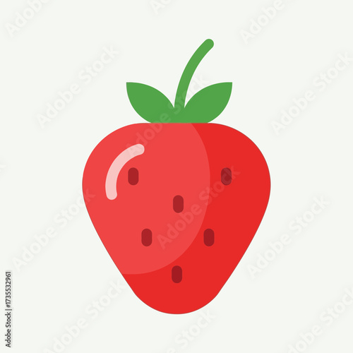 Red strawberry with green leaves on a light background.