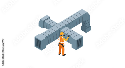Isometric hvac technician inspecting ventilation ductwork on white background