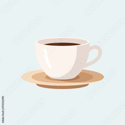 White cup of coffee on a saucer against a light blue background.