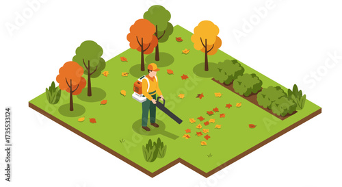 Autumn landscape maintenance scene with gardener using leaf blower in isometric park setting