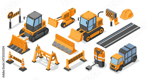 Isometric construction equipment set with vehicles and safety gear