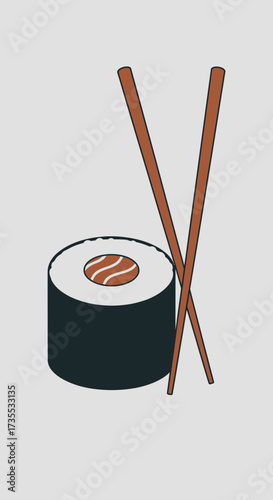 Sushi roll and chopsticks on a plain background.