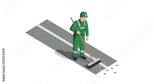 Road maintenance worker sweeping street in isometric style