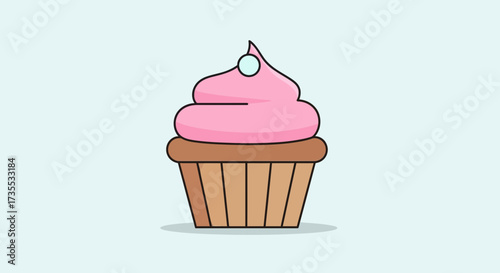 A pink frosted cupcake with a single pearl on top.
