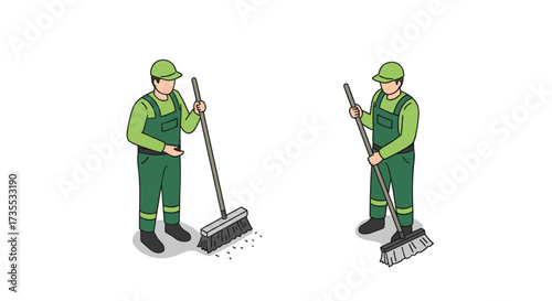 Isometric workers sweeping with brooms in green uniforms on white background