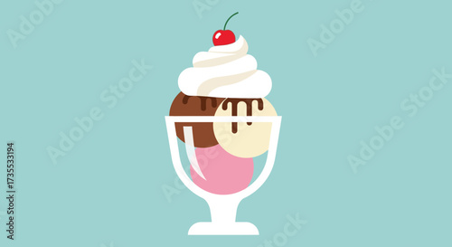 A colorful ice cream sundae with whipped cream and cherry on top.