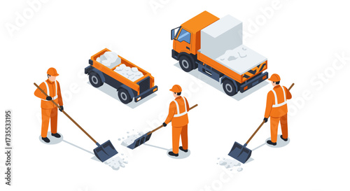 Isometric workers and snow plow vehicles for winter road maintenance