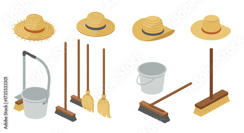 Isometric straw hats and cleaning tools set diverse hat styles and broom varieties