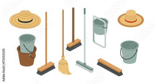 Isometric cleaning tools set with brooms, buckets, and hats for household tasks