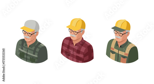 Isometric grandpa character set with varied outfits and hats