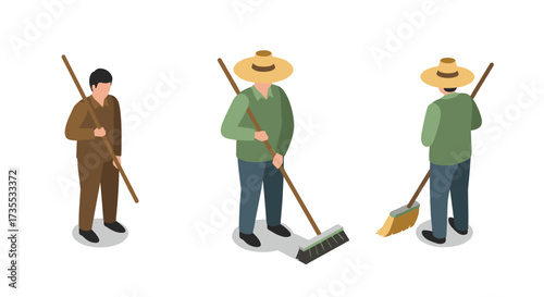 Isometric farmers with tools diverse poses and outfits