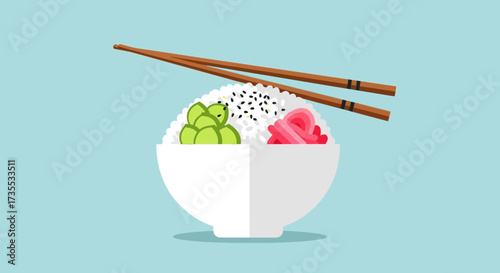 Bowl of rice with toppings and chopsticks on a blue background.