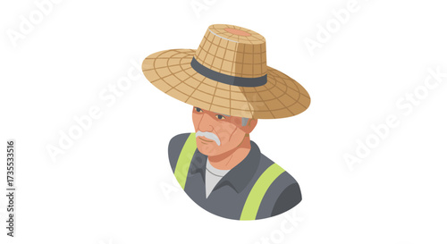 Elderly man in straw hat isometric portrait on white background
