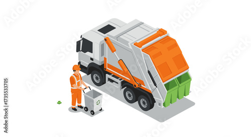 Isometric garbage collection scene with worker and recycling truck