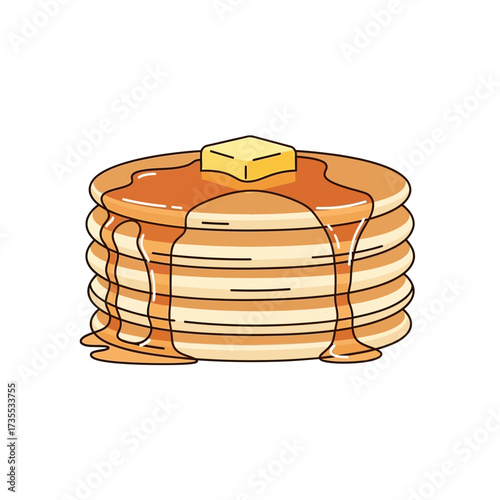 Stack of pancakes with butter and syrup on white background.