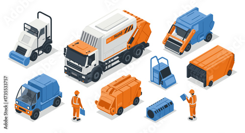 Isometric garbage collection trucks and workers in uniform
