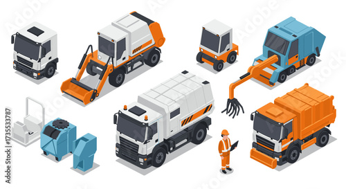 Isometric construction and maintenance vehicles with worker in uniform