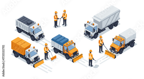 Isometric construction vehicles and workers essential roadwork equipment and team interaction