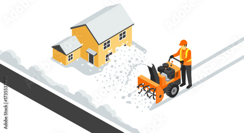 Isometric winter scene with snowblower operator clearing snow from house driveway