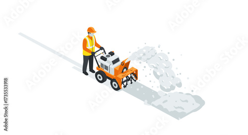 Worker operating snow blower on winter day in isometric style