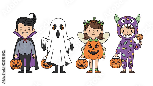 Spooky Squad on Parade: A vibrant illustration captures the essence of Halloween with a collection of adorable characters dressed up and ready for a night of trick-or-treating fun. 