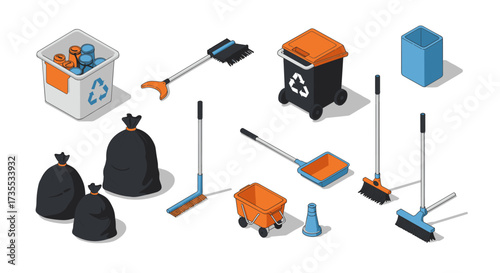 Isometric recycling and cleaning tools collection on a white background